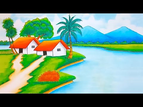 How to draw easy scenery drawing with oil pastel landscape village | mountain scenery drawing easy