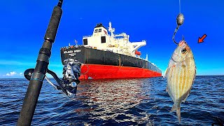 Fishing a LIVE! PINFISH under this FREIGHTER Ship in the GULF for my DINNER! [Catch, Clean, Cook]