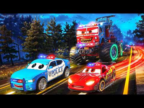 Monster FireTruck 🚒 ATTACK! 😱 McQueen & Brave Police Car 🚔 Team Up to Save the City! 🏙️