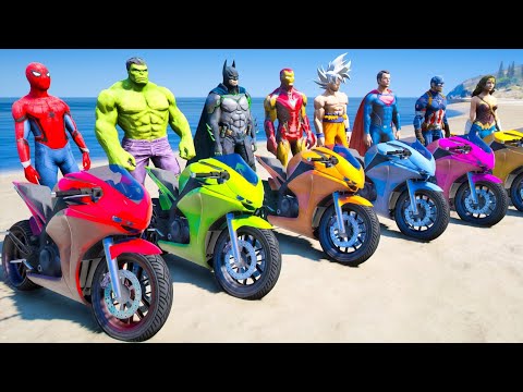 Spiderman Motorcycles with Superheroes - Colorful Box Ramp parkour Challenge