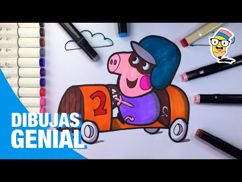 Dibuja y Colorea a GEORGE PIG  en su Carro de Carreras 🏎️🔴🟡🔵✍️🐷 Drawing Peppa Pig