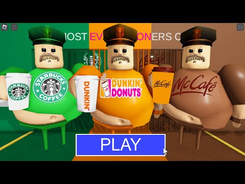 Starbucks BARRY Vs Dunkin Donuts Vs McCafe BARRY in BARRY'S PRISON RUN! New Scary Obby (#Roblox)