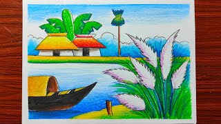 how to draw scenery of autumn season step by step with oil pastel color,sarat kaler scenery drawing