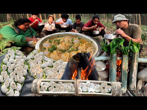 BAMBOO MOMOS Cooking in Jungle Delicious Jhol Momo Cooking and Eating Juicy Pork Momo Making