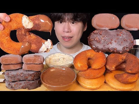 SUB) 크리스피 크림도넛 픽앤딥 도넛 누텔라 찍먹 & 초코아이스크림 먹방 ASMR 누텔라와 크림치즈 소스 찍먹 도넛🍩 꼬독꼬독 초코 아이스크림 먹방