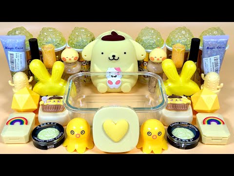 YELLOW SLIME 💛 Mixing yellow Makeup Glitter and Beads into Clear Slime. ASMR Slime triggers.