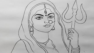 how to draw maa durga face with trishul easy line art,durga thakur drawing,navratri drawing,