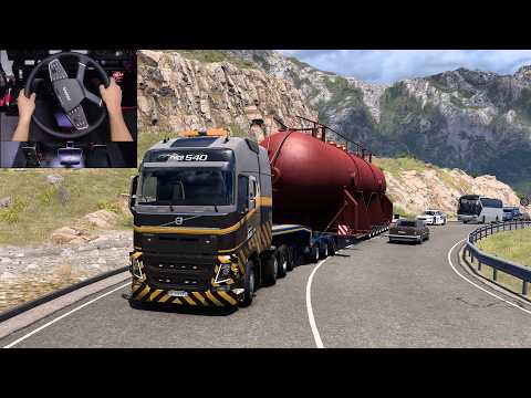 Volvo FH16 hauling 70t heat exchanger up a mountain - Euro Truck Simulator 2 with steering wheel