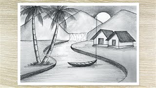 How to draw a sunrise scenery with pencil easy, Pencil Drawing for Beginners