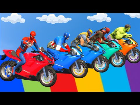 سبايدر مان اصعب دراجة نارية فوق اسماك القرش - Superheroes Ride on Motorcycle Stunt Funny Moments