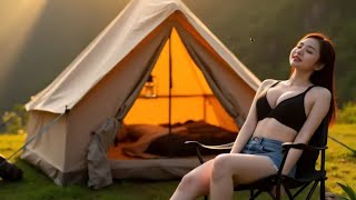 camping alone in the forest wild survival, relaxing with the sounds of nature