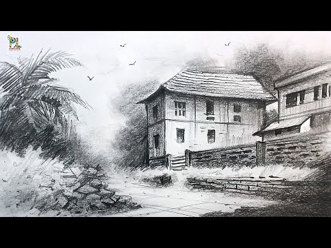 How to draw Houses in Village Street Scenery Art