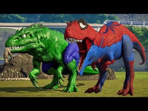 Hulk Indominus Rex & Spiderman Giganotosaurus fights with Carnivore Dinosaurs in Jurassic World