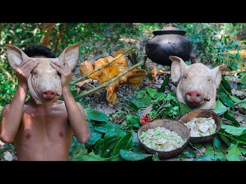 Primitive Technology: Find pig in forest - Roasted pig primitive recipes eating delicious
