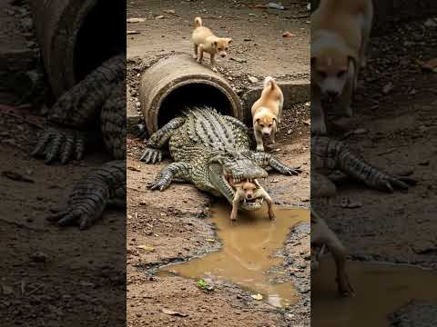 Puppy try to save baby goat from huge crocodile #crocodileattacks #goat #puppy