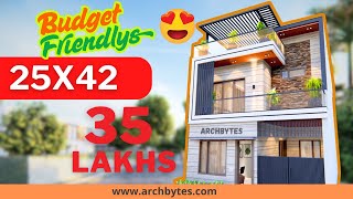 25x42 Duplex House Design 3D | 1050 Sqft | 117 Gaj  | 3 Bed Rooms | 8x13 Meters |Archbytes