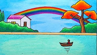 Gambar Pemandangan | Cara Menggambar Pemandangan Pelangi di Danau Dengan Oil Pastels