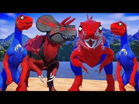 Jurassic World Evolution- Spiderman Indoraptor Vs Mosasaurus, Ultimasaurus, Spinosaurus Dinos Battle