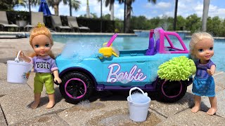 Car Wash ! Elsa & Anna toddlers - Barbie dolls