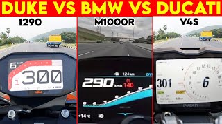 DUKE 1290 VS DUCATI V4S VS BMW M1000R | 0 TO 300 | TOPSPEED CLOSE BATTLE !!!