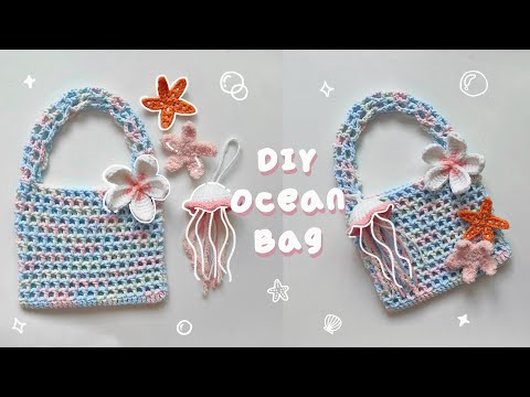 ♡ Crochet Mini Ocean Bag Tutorial| Mini Net Bag with Flower, Starfish, Jellyfish Bag Charms ♡