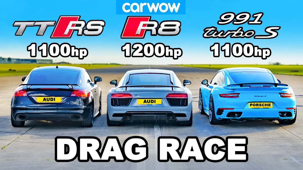 Audi TT RS (1100hp) v R8 (1200hp) v 911 Turbo (1100hp): DRAG RACE