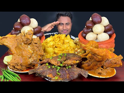 Eating Oily Mutton Fat Curry, Fish Fry, Full Country Chicken, Mutton Chaap, Roshgolla with Rice