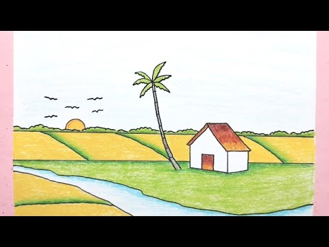 Cara menggambar pemandangan sawah dan rumah - How to draw scenery for beginners