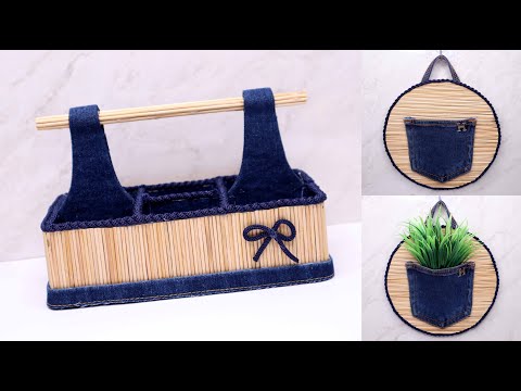 Creative things with waste materials | Wadah serbaguna dari jeans bekas tusuk sate dan kardus