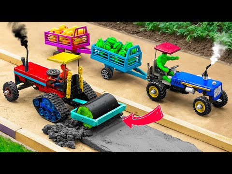 Diy tractor mini Bulldozer to making concrete road | Construction Vehicles, Road Roller Videos