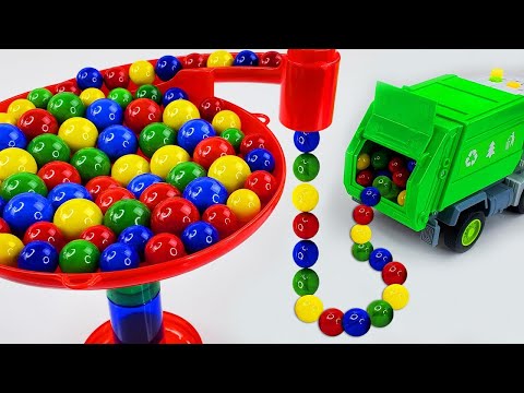 Marble Run Race ☆ HABA Slope & Retro Makita Truck, Excavator, Garbage Truck, Dump Truck, Ambulance