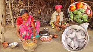 POMFRET FISH CURRY & KARELA FRY cooking and eating by santali tribe old couple