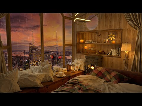 4K Serene Cozy Bedroom with New York City Night View - Jazz Music for Relax and Study