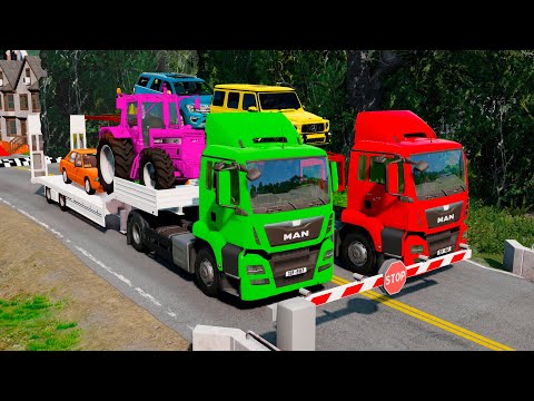 Double Flatbed Trailer Truck vs Speedbumps vs Train vs Cars | Tractor vs Train Beamng.Drive #009