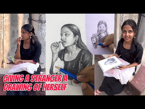 Giving a stranger a drawing of herself | Wait for her reaction 🫣😝