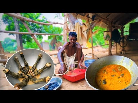 Goat Leg Cooking By Village Tribal People Theirs Old Traditional Method || Mutton Leg Curry