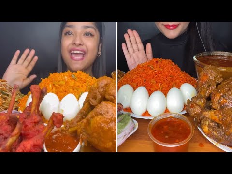 ASMR: SPICY🔥WHOLE CHICKEN CURRY WITH SCHEZWAN FRIED RICE, CHICKEN LOLLIPOP & KOREAN FRIED NOODLES |