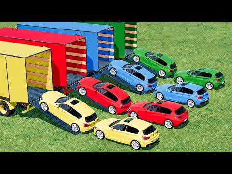 GARAGE OF COLORS ! TOYS MINI JEEP CARS TRANSPORT with COLORED TRUCKS ! Farming Simulator 22