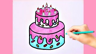 Cara menggambar kue ulang tahun|| mewarnai,melukis kue ulang tahun yang indah