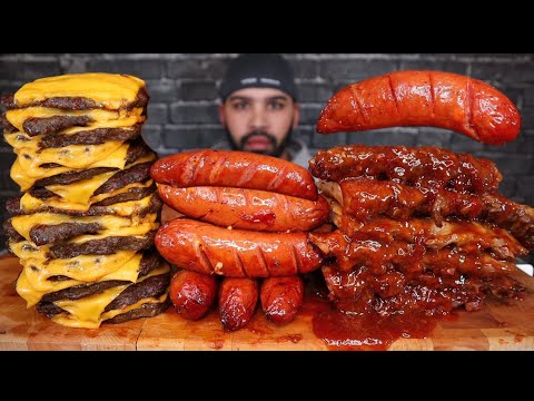 CHEESEBURGERS, RIBS, AND SAUSAGES ASMR MUKBANG