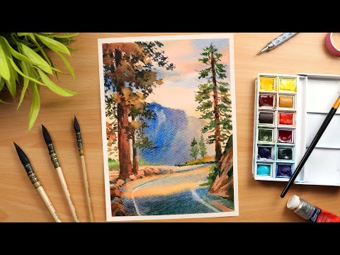 Watercolor Painting Tips | Vibrant Sunset Road Landscape
