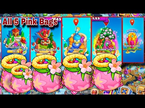 All 5 Pink Bags Mask Island, Feathers Island, Suits Island, Incense Island | Family Island Pink Bags