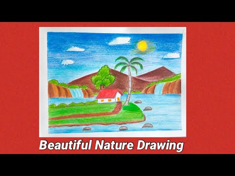 Very easy and Simple beautiful scenery drawing step by step 🌈🟧2024