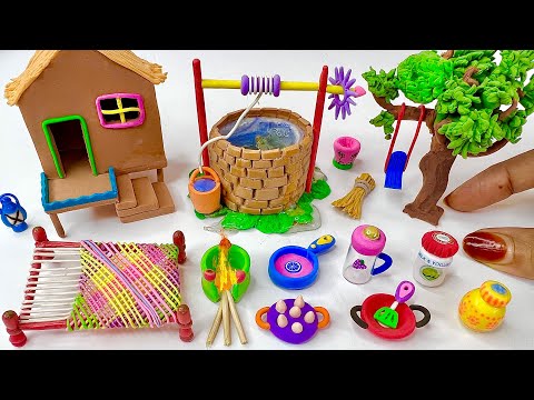 DIY How to make polymer clay miniature house, water well, kitchen set, tree, Charpai | Village house