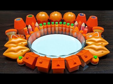 Orange slime ! Mixing random things into store-bought slime ! Satisfying slime videos !!!