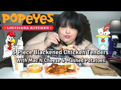 Popeyes 5 Piece Blackened Chicken Tenders with Mac N Cheese & Mashed Potatoes Mukbang Eating Show