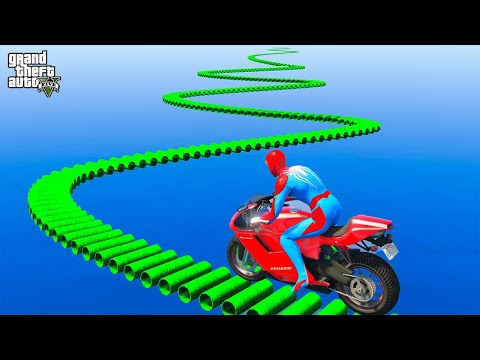 SuperHeroes and MotorCycles Tried The Impossible Green Pipe Slide Bridge Challenge GTA 5