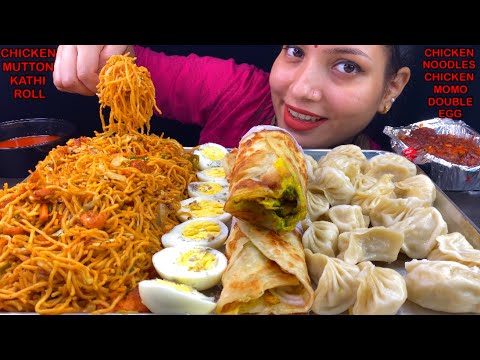 Eating Spicy🔥 Chicken Chowmin, Chicken Momo, Egg Chicken Roll, Mutton Roll, chicken Manchurian Asmr