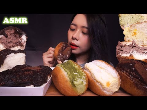 ASMR Frosty Cream Soft Bread DONUTS & CHOCOLATE Milk BUN | Eating Sounds