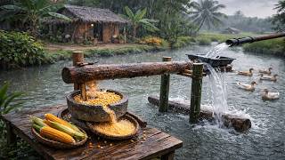 A water-powered corn mill in rural Vietnam on a rainy day, the natural sound of falling rain.